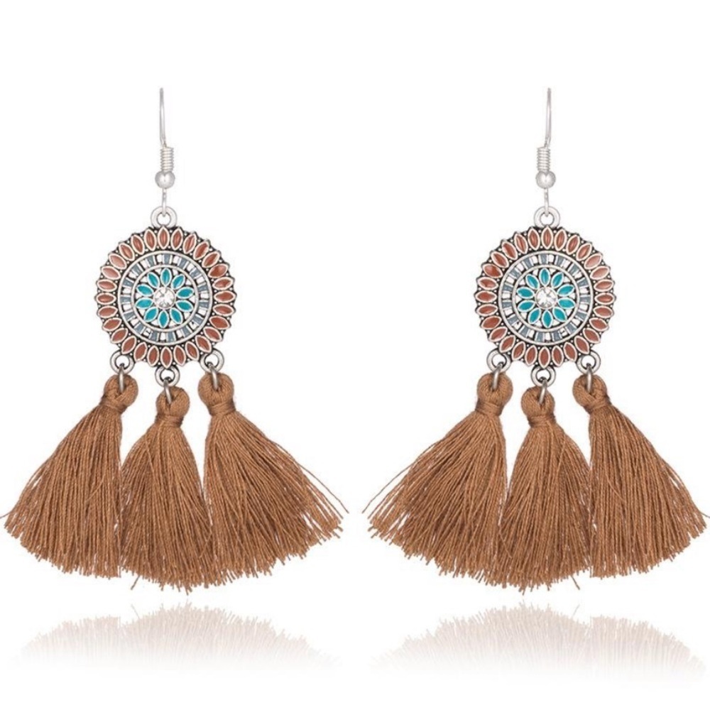 Rhinestone Sunflower Yarn Tassel Drop Earrings